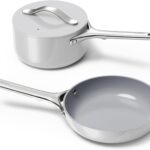 Caraway Mini Cookware Set – Non-Stick Ceramic Fry Pan (1.05 qt, 8″) Sauce Pan (1.75 qt) & Storage Rack – Non Toxic, PTFE & PFOA Free – Oven Safe & Stovetop Agnostic (Gas, Electric & Induction) – Gray