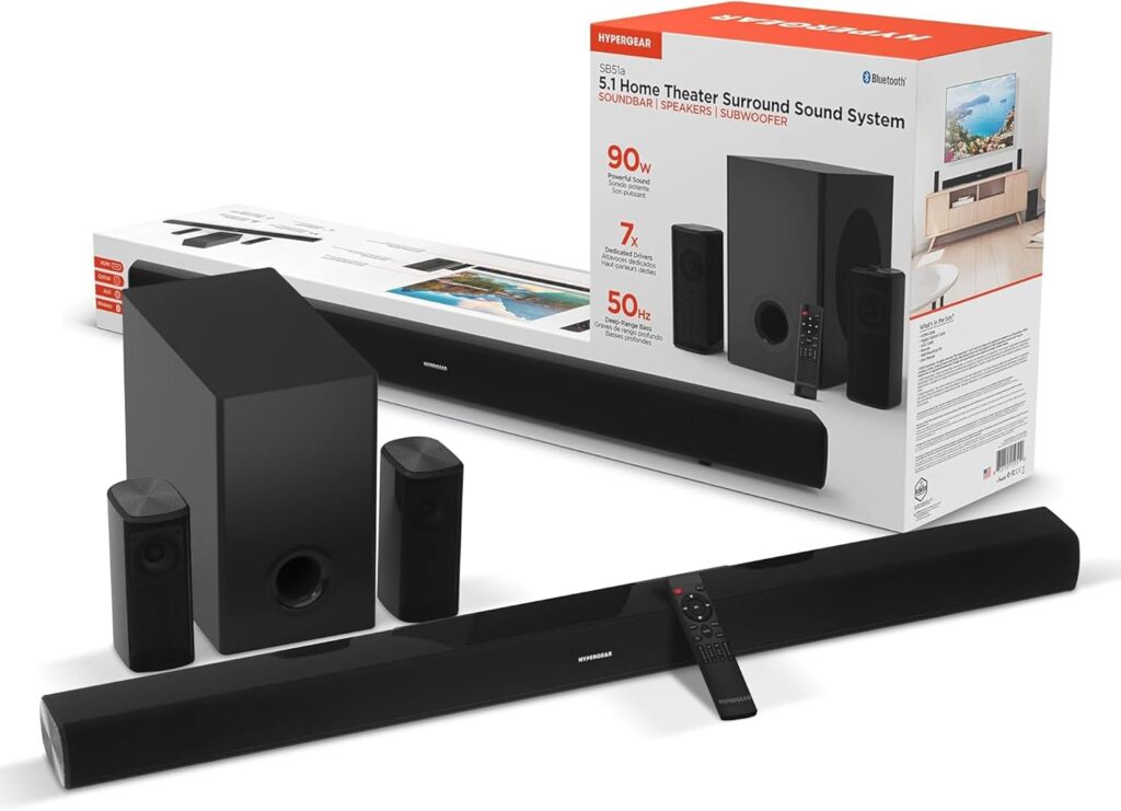 HyperGear SB51a 5.1 Surround Sound System for TV – 90W Home Theater Sound System, Soundbar, Subwoofer & Dual Speakers w/Bass, HDMI ARC & Optical Inputs for 4K/8K UHD TVs, Wall-Mountable Speakers