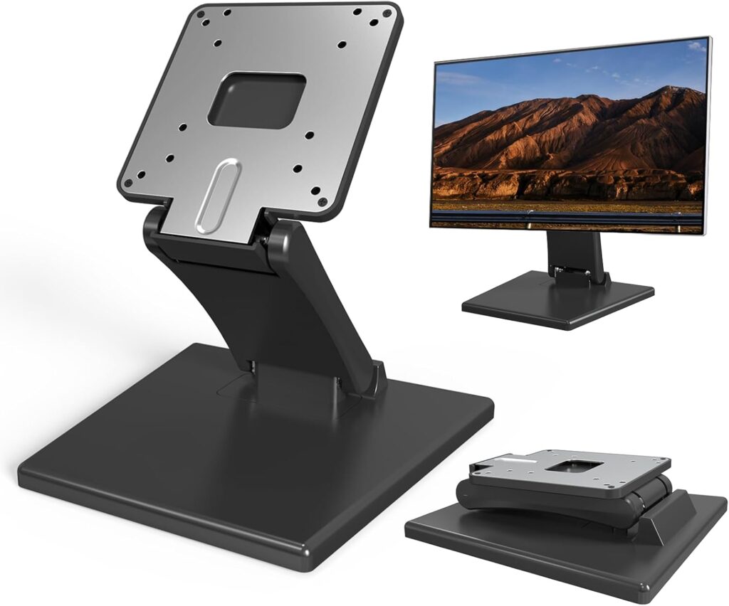 Babibobibi Foldable VESA Stand – 75x75mm/100x100mm LCD/PC Monitor Mount, Black, Lay Flat, Single Monitor Adapter