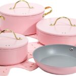 Paris Hilton Iconic Nonstick Pots and Pans Set, Multi-layer Nonstick Coating, Matching Lids With Gold Handles, Made without PFOA, Dishwasher Safe Cookware Set, 10-Piece, Pink