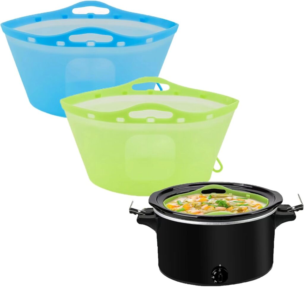 2pcs Silicone Slow Cooker Liners, Foldable Slow Cooker Liners for 6-7-8-10 Quarts, Reusable Crock-Pot Liners with Buttons and Hooks for Oval or Round Pot, Leakproof & Easy Clean, Green+Blue