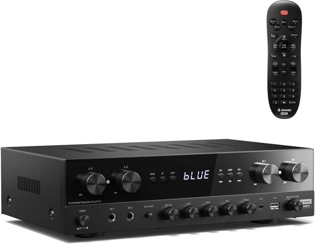 Donner Stereo Receivers Home Audio Amplifier, Premium 1000W Peak Power 4 Channel Amplifier with Bluetooth 5.0, USB, FM, 2 Mic-in, Echo, RCA, Optical/Coaxial Input for Home, Karaoke, Theater Speakers