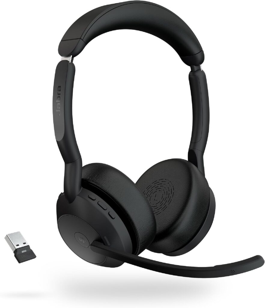Jabra Evolve2 55 Stereo Wireless Headset – Features AirComfort Technology, Noise-Cancelling Mics & Active Noise Cancellation – MS Teams Certified, Works with Other Platforms – Black