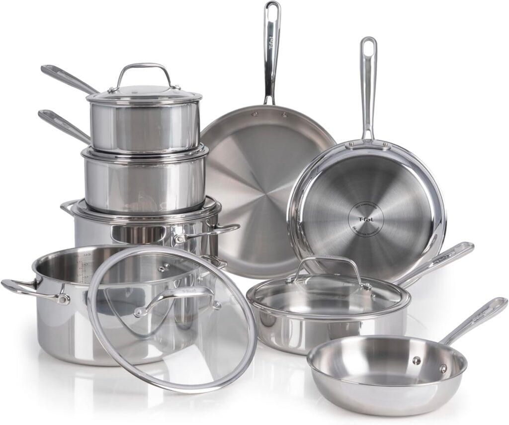 T-Fal Pro Tri-Ply Stainless Steel Cookware Set 13 Piece Induction Compatible, Oven Safe 500F, Lids 350F, Fast & Even Heat, Pots and Pans Set, Professional Quality, Kitchen Essentials, Silver