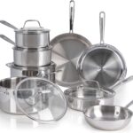 T-Fal Pro Tri-Ply Stainless Steel Cookware Set 13 Piece Induction Compatible, Oven Safe 500F, Lids 350F, Fast & Even Heat, Pots and Pans Set, Professional Quality, Kitchen Essentials, Silver