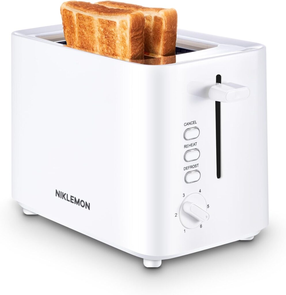 Small Toaster 2 Slice,Mini Toaster with Wide Slots for Bagels,6 Browning Settings, Cancel/Defrost/Reheat Functions,for 10x10cm Bread,White