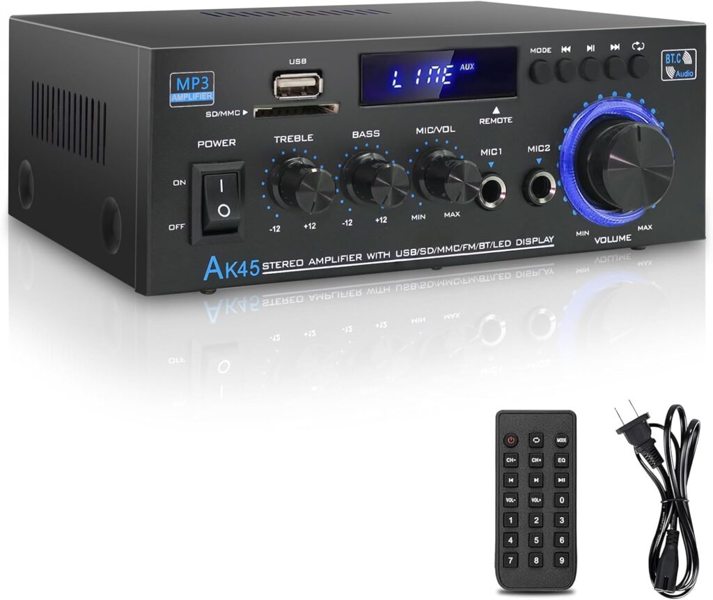 AK45 Stereo Audio Amplifier Bluetooth Receiver for Home Stereo, 400W 2 Channel Wireless Bluetooth 5.0 Power Amplifier System with FM Radio, USB, SD Card, and Remote Control Home Theater System