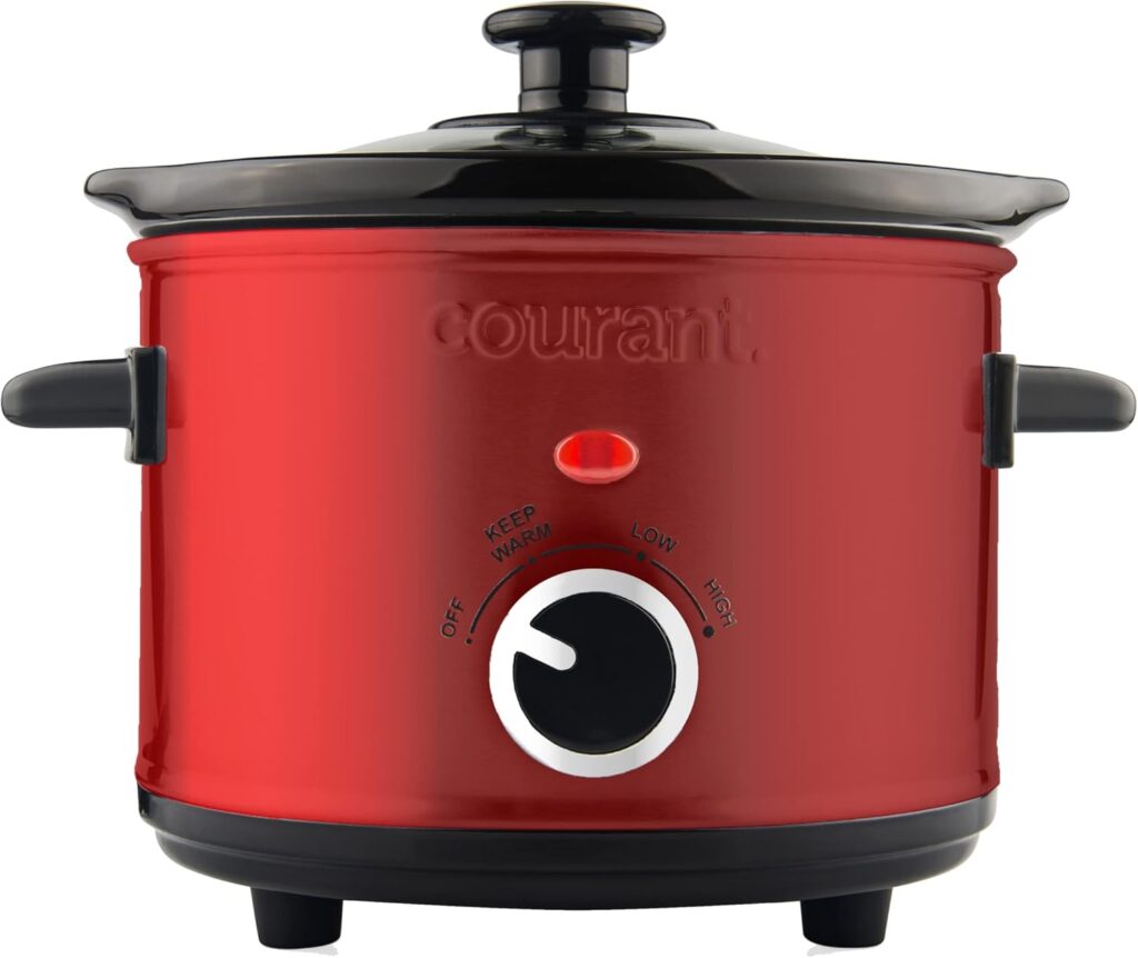 Courant Small Slow Cooker 1.6 QT, 3 Heat Settings, Removable Ceramic Pot” Easy Clean, Dishwasher Safe, Mini Slow Cooker, Red
