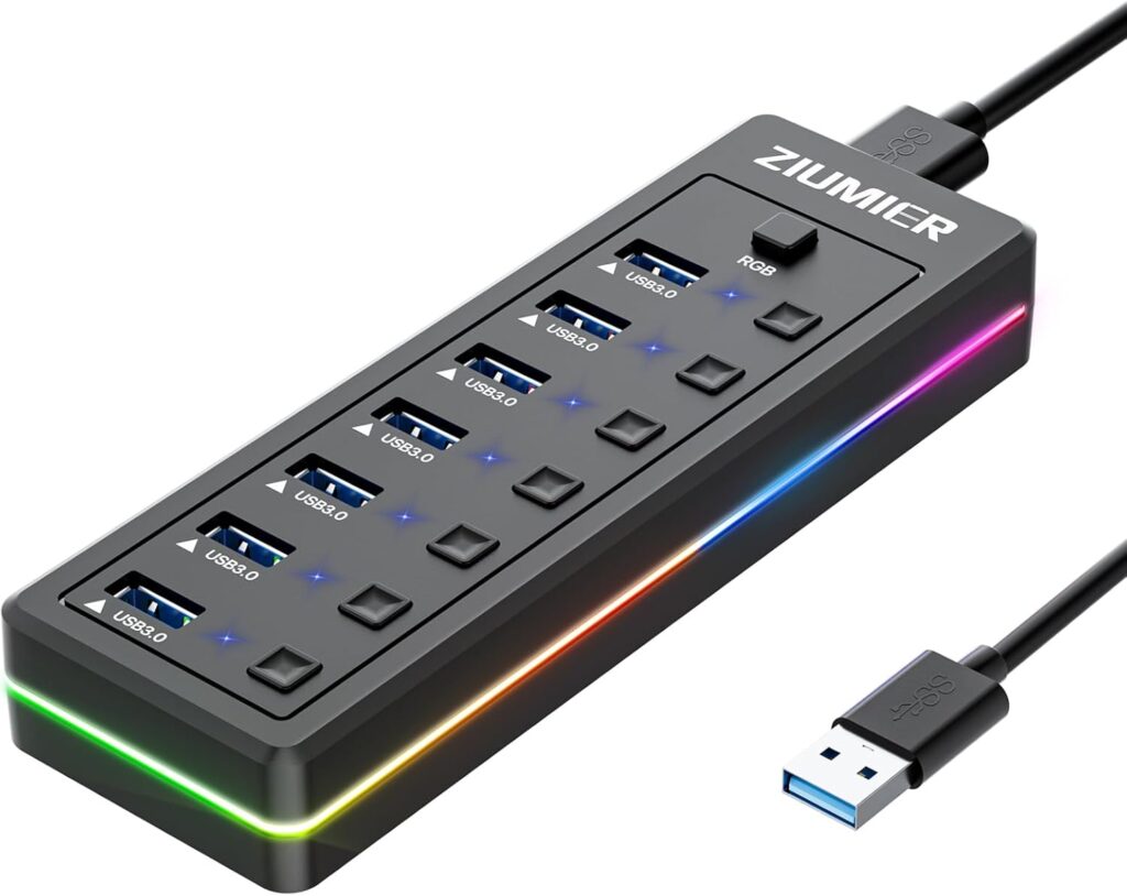 USB Hub 7 Port, USB 3.0 Hub with RGB LED Strip -USB 3.0 Data Transfer Ports,Individual LED On/Off Switches for Laptop, PC, Mouse, Keyboard, Hard Drive or More USB Devices.