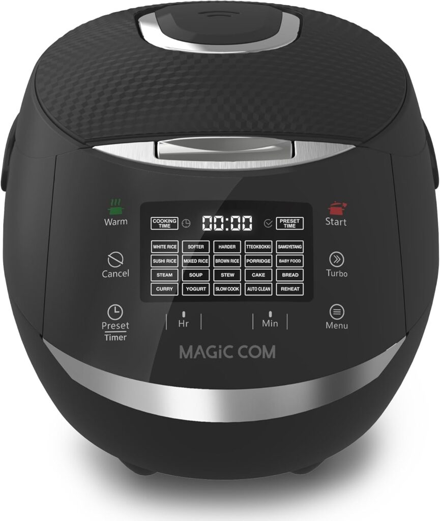MAGiC COM Rice Cooker, 20 Cup(Cooked) 10 Cup(Uncooked) One Touch Healthy Cooking with 15 Menu Modes, Nonstick Inner Pot, Steamer Basket, Auto Clean, 24 Hour Delay Timer and Auto Keep Warm (Black)