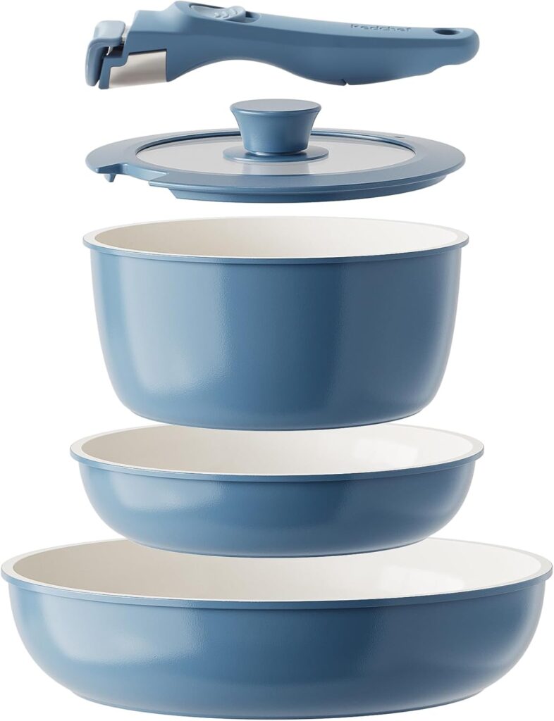 Redchef Ceramic Cookware Set, Removable Handle Pots and Pans Non-Stick, Rv Cookware Set, Non-Toxic Pots and Pans Set No PFAS, PTFE, PFOA, Detachable Pots and Pans, Dishwasher & Oven Safe(Blue)
