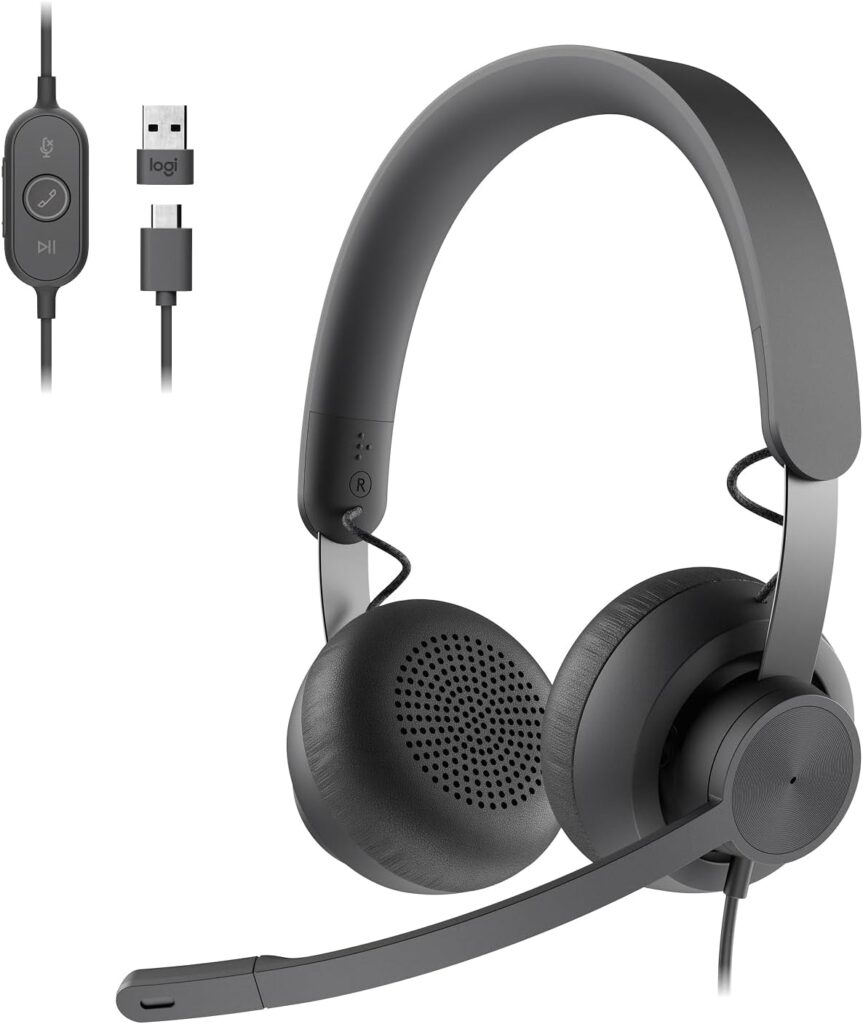 Logitech Zone 750 Wired On-Ear Headset with Advanced Noise-canceling Microphone, Simple USB-C and Included USB-A Adapter, Plug-and-Play Compatibility for All Devices