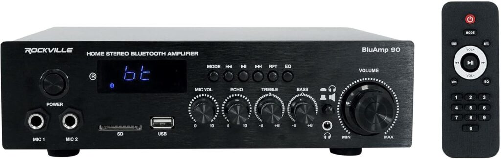 Rockville BLUAMP 90 60W RMS Home Stereo Bluetooth Receiver Amplifier, HDMI ARC, Phono Input, USB/SD Playback, Mic Echo Control, for Home Audio and Karaoke