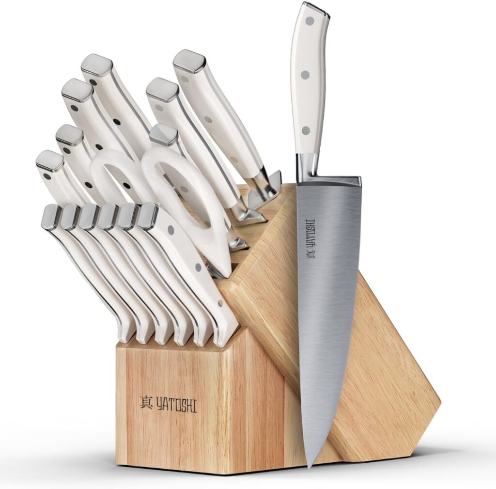 Yatoshi 15 Piece White Knife Block Set – Pro Kitchen Knife Set Ultra Sharp High Carbon Stainless Steel with Ergonomic Handle