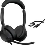 Jabra Evolve2 50 Wired Dual-Ear Headset – Noise Cancelling Headphones, Bluetooth Headset for Work with Noise Cancelling Microphones, Works with Online Meeting Platforms Like Microsoft Teams, Black