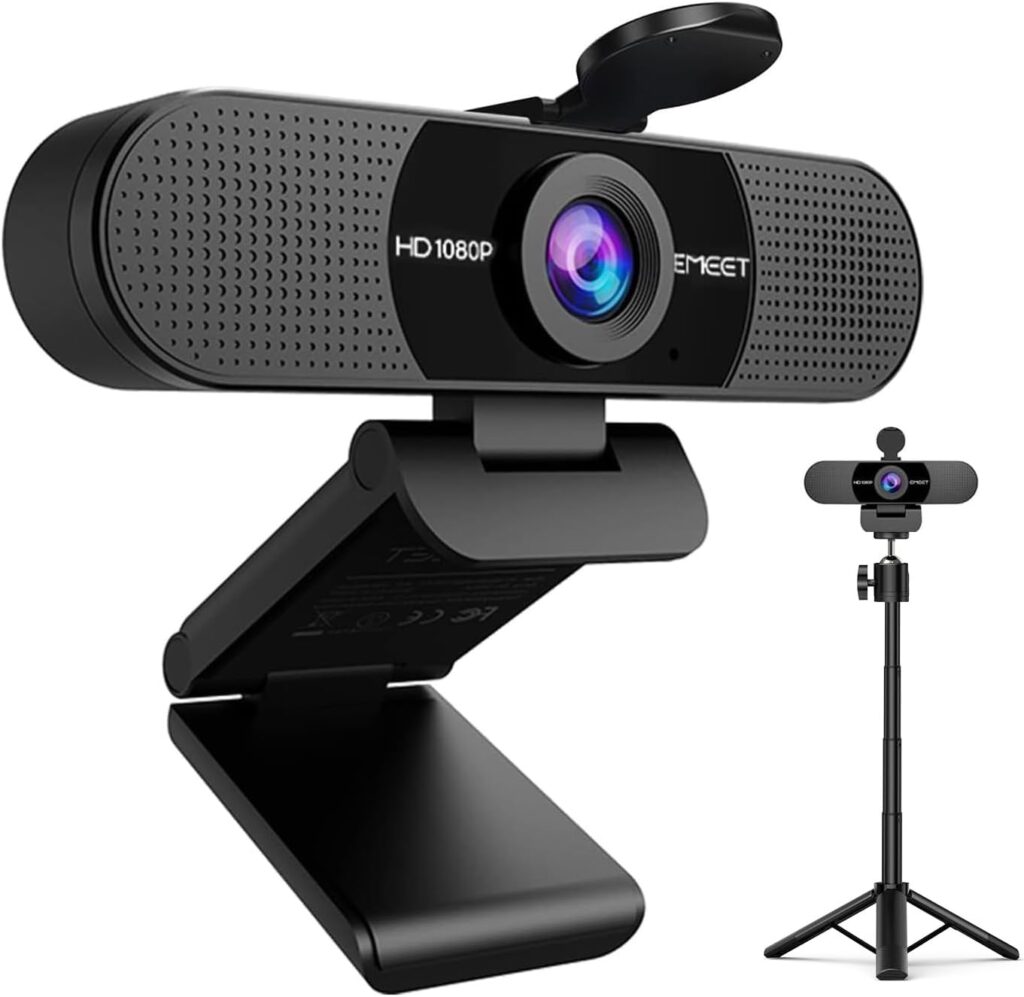EMEET C960 Webcam with Tripod, 1080P Webcam with Microphone, Adjustable Height Mini Tripod, C960 Web Camera with Privacy Cover, Plug & Play with Stand for Zoom/Skype/YouTube/FaceTime