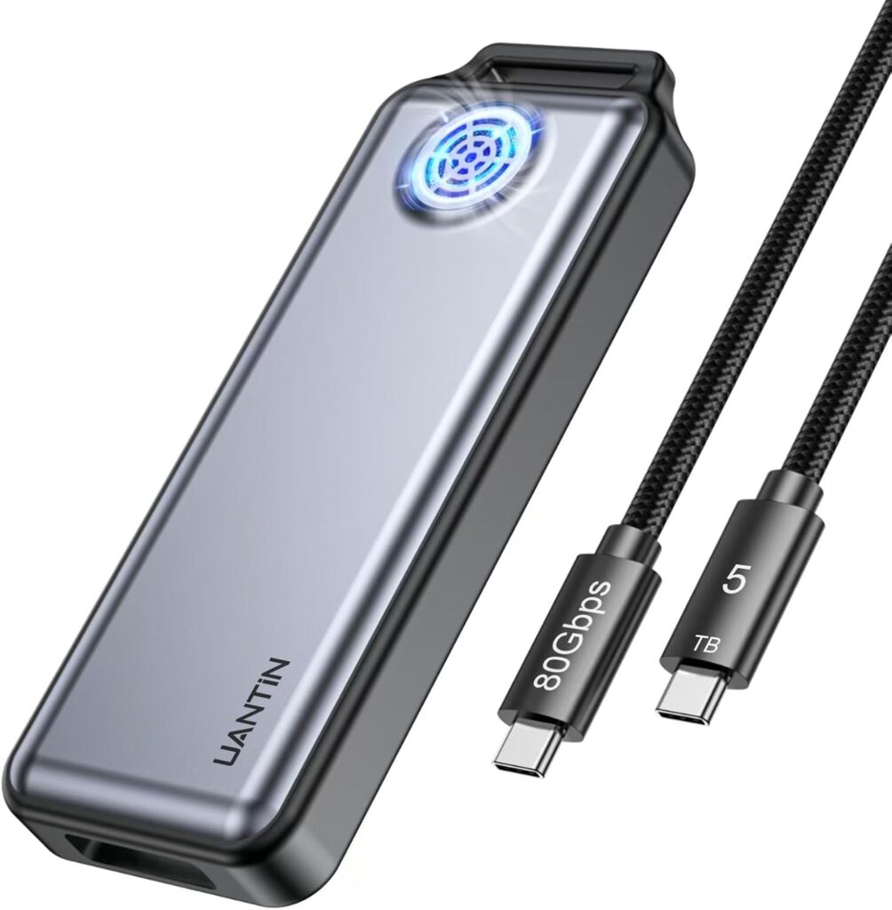 M.2 NVMe SSD Enclosure 80Gbps – Zinc Alloy Case with Cooling Fan & Silicone Sleeve, Compatible with Thunderbolt 5/4/USB4, Support 2280 M Key/M+B Key SSDs, Includes 80Gbps USB-C Cable