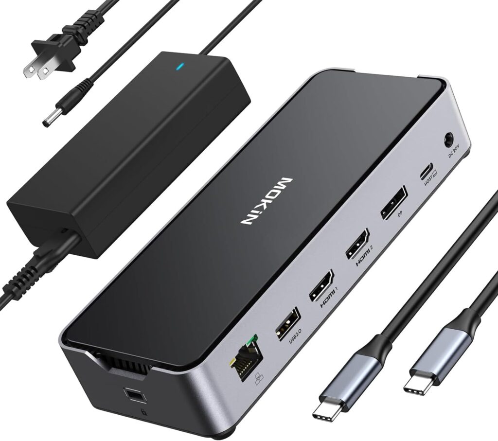 USB C Docking Station 3 Monitors Laptop USB C Dock Dual Monitor with 2 HDMI DisplayPort 4K144Hz,USB A 2.0/3.0,USBC 3.1 10Gbps&30W Output,Ethernet,MicroSD&SD,Audio&Mic,150W DC Power for Dell/Lenovo/HP