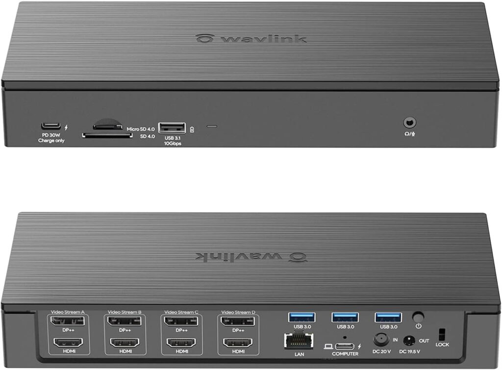 WAVLINK DisplayLink Laptop Docking Station – Quad Monitor 5K/4K@60Hz, 100W Charging – Thunderbolt 4/3, USB-C/A – M1 M2 Mac/Windows/Chrome/Ubuntu – 4 HDMI, 4 DP, 180W Power, SD 4.0 CR, 2.5Gbps LAN