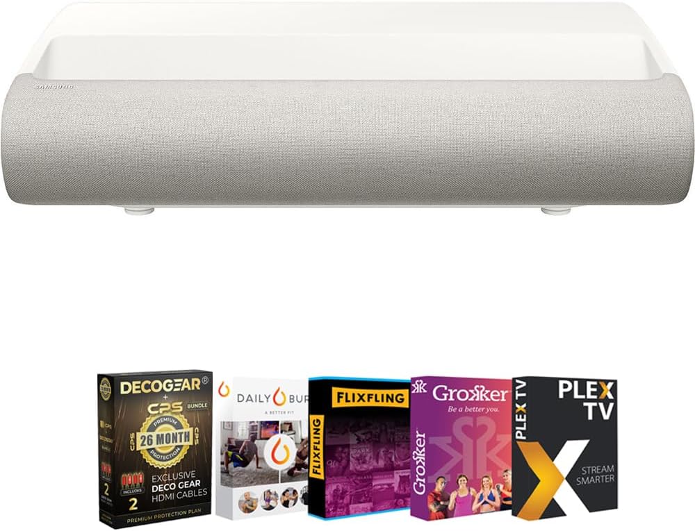 Samsung SP-LPU7DSAXXZA 120″ LPU7D 2500 Lumen Premiere Ultra Short Throw 4K AI Smart TV Laser Projector Bundle with 26 Month CPS Extended Protection Pack and Premiere Movie Streaming Package