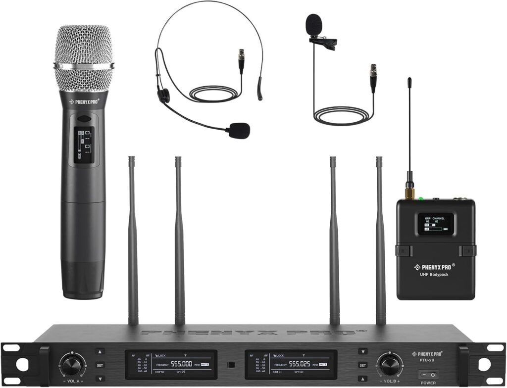 Phenyx Pro Wireless Microphone System, True Diversity Dual Cordless Microphone Set w/UHF Handheld/Bodypack/Headset/Lapel Mics, Auto Scan, 2×1000 Channels for Stage & Studio (PTU-2U-1H1B)