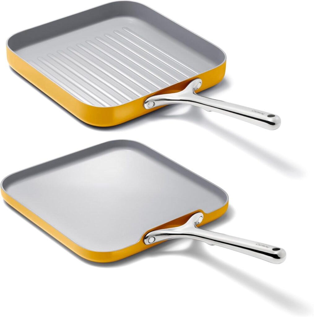 Caraway Griddle Pan & Grill Pan Duo – Non-Stick Ceramic Coated – Non Toxic, PTFE & PFOA Free – Oven Safe & Compatible with All Stovetops – Marigold