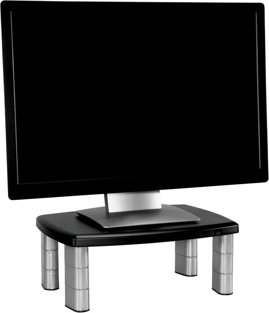 3M Adjustable Monitor Stand, Three Leg Segments Simply Adjust Height From 1″ to 5 7/8″, Sturdy Platform Holds Up to 80 lbs, 11-inch Space Between Columns for Storage, Silver/Black (MS80B)