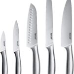 hecef Silver Kitchen knife set of 5, Satin Finish Blade with Hollow Handle, includes 8″ Chef, 8″ Bread, 8″ Santoku, 5″ Utility and 3.5″ paring knife