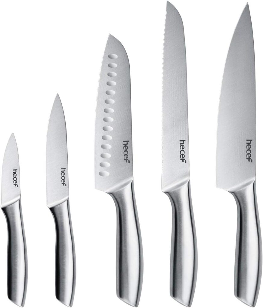 hecef Silver Kitchen knife set of 5, Satin Finish Blade with Hollow Handle, includes 8″ Chef, 8″ Bread, 8″ Santoku, 5″ Utility and 3.5″ paring knife