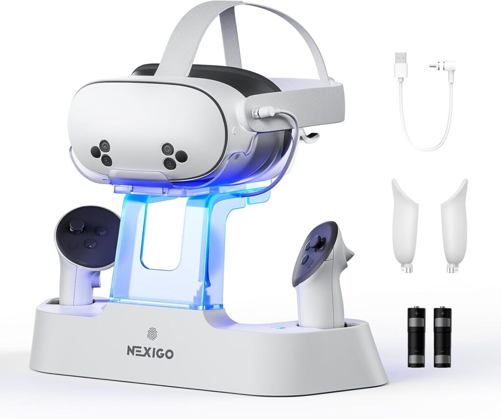 NexiGo Enhanced Charging Dock for Meta Quest 3 and 3S, with LED Light [On/Off], [Support Elite Strap with Battery], Headset Display Holder and Controller Mount, Rechargeable Batteries, White