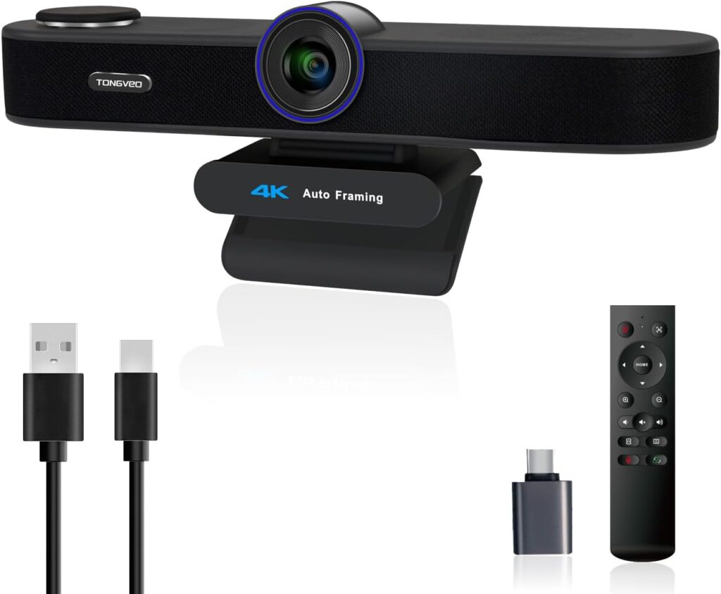 3-in-1 4K Webcam with Microphones and Speaker, AI Auto-Tracking 5X Digital Zoom Webcam 4K Adjustable Field of View Remote Control Works with Microsoft Teams, Zoom, Google Meet, PC Mac Laptop
