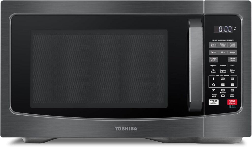 TOSHIBA EM131A5C-BS Countertop Microwave Ovens 1.2 Cu Ft, 12.4″ Removable Turntable Smart Humidity Sensor 12 Auto Menus Mute Function ECO Mode Easy Clean Interior Black Color 1000W