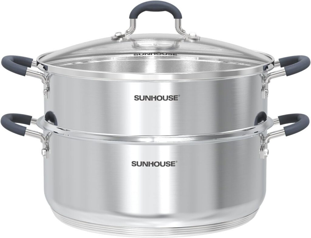 SUNHOUSE – 5.5 Quart Steamer Pots With Lid 2-Tier Multipurpose Stainless Steel Steaming Pot Cookware With Handle For Vegetable, Dumpling, Sauce, Food – Triple Bottom, Measurement Line