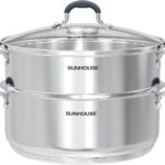 SUNHOUSE – 5.5 Quart Steamer Pots With Lid 2-Tier Multipurpose Stainless Steel Steaming Pot Cookware With Handle For Vegetable, Dumpling, Sauce, Food – Triple Bottom, Measurement Line