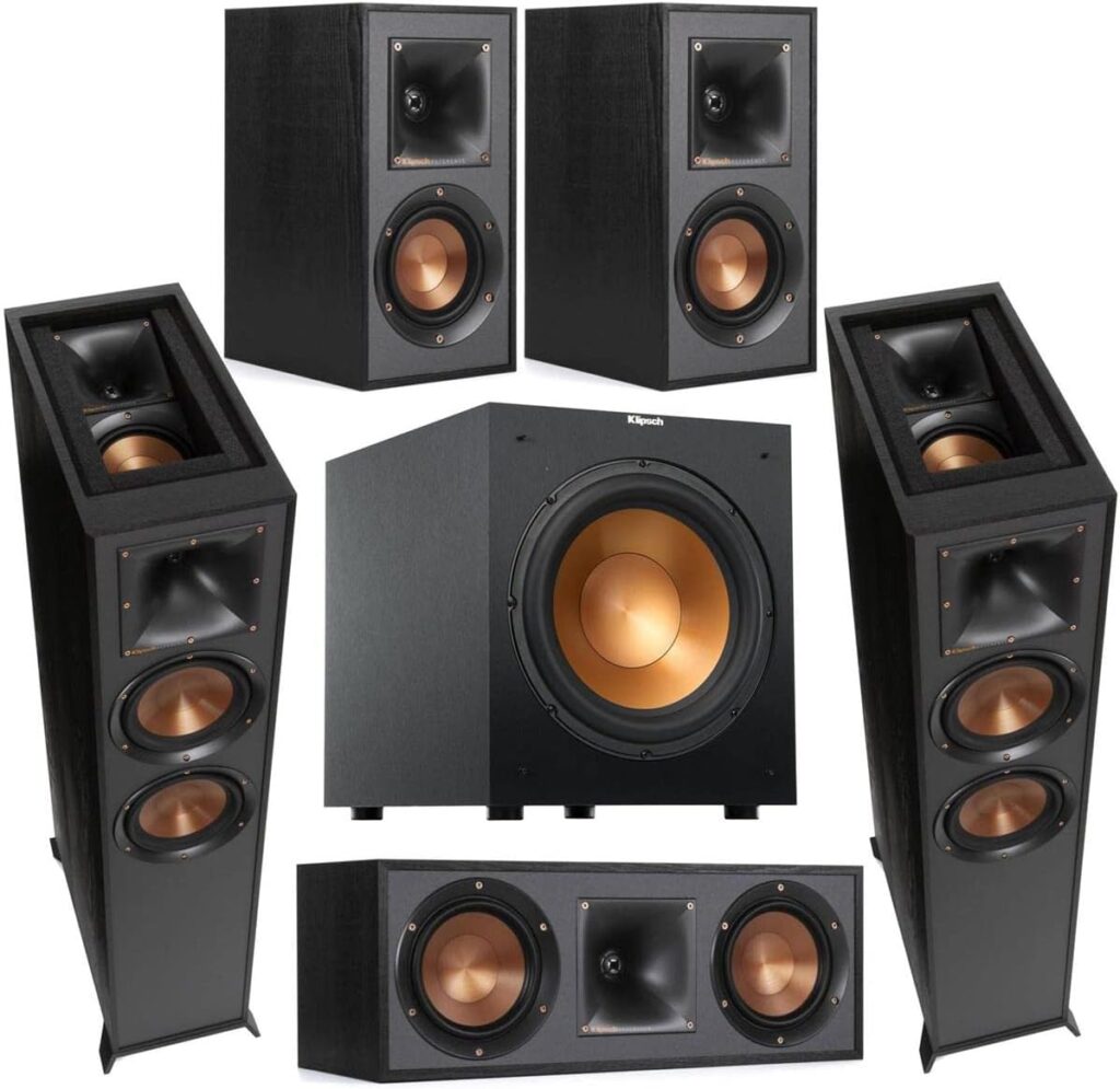 Klipsch Reference Series 5.1 Home Theater Pack with 2X R-625FA Floorstanding Speakers, R-52C Center Channel Speaker, 2X R-41M Bookshelf Speakers (Speaker System + Subwoofer)