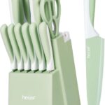 hecef 15 Pieces Kitchen Knife Set with Built-in Sharpening Wooden Block, Dishwasher Safe, High Carbon Stainless Steel Knife Block Set with Steak Knives, Kitchen Scissors, Green