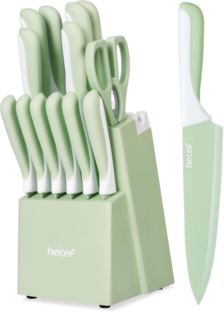 hecef 15 Pieces Kitchen Knife Set with Built-in Sharpening Wooden Block, Dishwasher Safe, High Carbon Stainless Steel Knife Block Set with Steak Knives, Kitchen Scissors, Green