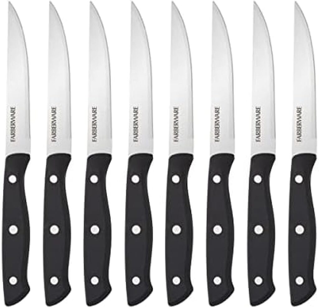 Farberware Full-Tang Triple-Riveted 8-Piece Steak Knife Set, High-Carbon Stainless Steel, Razor-Sharp Knives with Ergonomic Handle, Kitchen Knives, Set of 8, Black