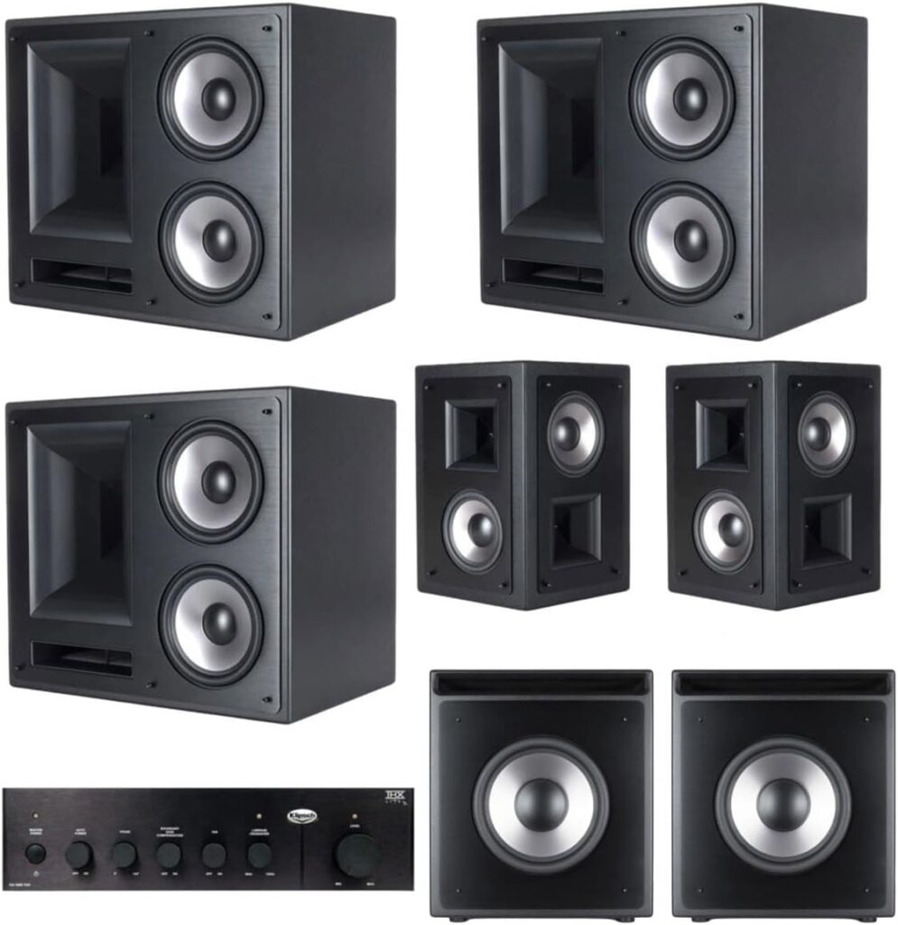 Klipsch THX-6000 7-pc Surround Sound Home Theater System Black – 2X Right Side 1x Left Side Loudspeaker, Set of Surround Sound Speakers, one 1000W Subwoofer Amplifier, Two 12″ Passive Subwoofers
