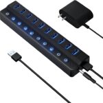 Powered USB Hub 3.0, 10-Port USB Splitter Hub with Individual On/Off Switches and 12V/2A Power Adapter USB Extension