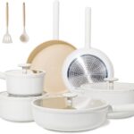 JEETEE Ceramic Cookware Sets 17pcs, Pots and Pans Set Non Stick, Healthy Induction Kitchen Cooking Set with Removable Handles, Stackable Pots Pans, Oven Safe, PFOA/PFOS Free, Beige