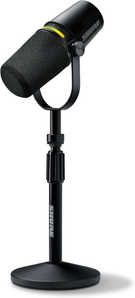 Shure MV7+ Podcast Dynamic Microphone with Stand – OBS Certified, Enhanced Audio, LED Panel, USB-C & XLR Outputs, Auto Level Mode, Digital Pop Filter – for Podcasting, Streaming, and Recording, Black