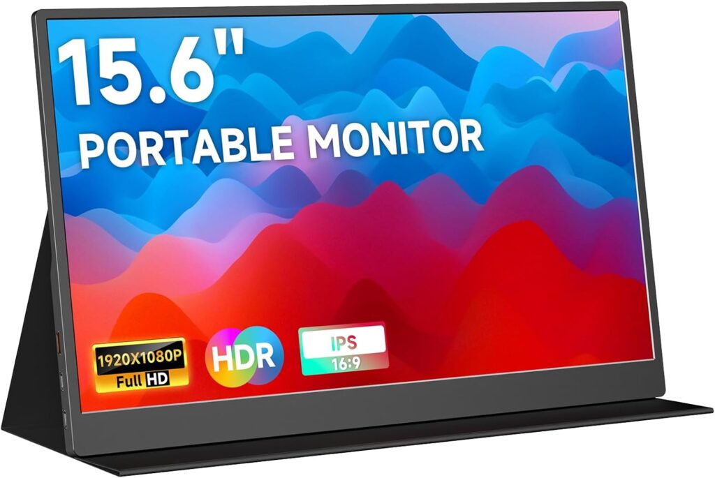 memzuoix 15.6″ 60hz FHD 1080p Portable Monitor with Black Smart Cover and 2 Built-in Speakers, for Laptop PC Mac Phone Xbox PS4/PS5