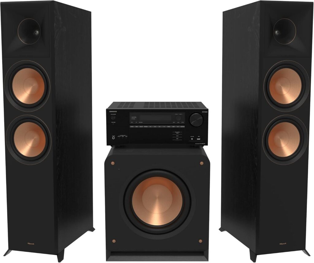 Klipsch Reference Premiere RP-8000F II 2.1 Home Theater System with 8” Cerametallic Woofers in Ebony with Onkyo TX-NR6100 7.2 Channel THX Certified Network AV Receiver