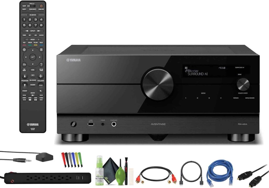 Yamaha AVENTAGE RX-A6A 9.2-Channel Surround Sound Network AV Receiver MusicCast Built-in Wi-Fi and Bluetooth Streaming Home Theater System Bundle with Accessories