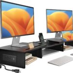 HUANUO Dual Monitor Stand -Monitor Stand with USB ports ,Adjustable Length and Angle, Dual monitor riser w/ Desktop Socket, Monitor Stand Riser for PC, Computer, Laptop (Black)