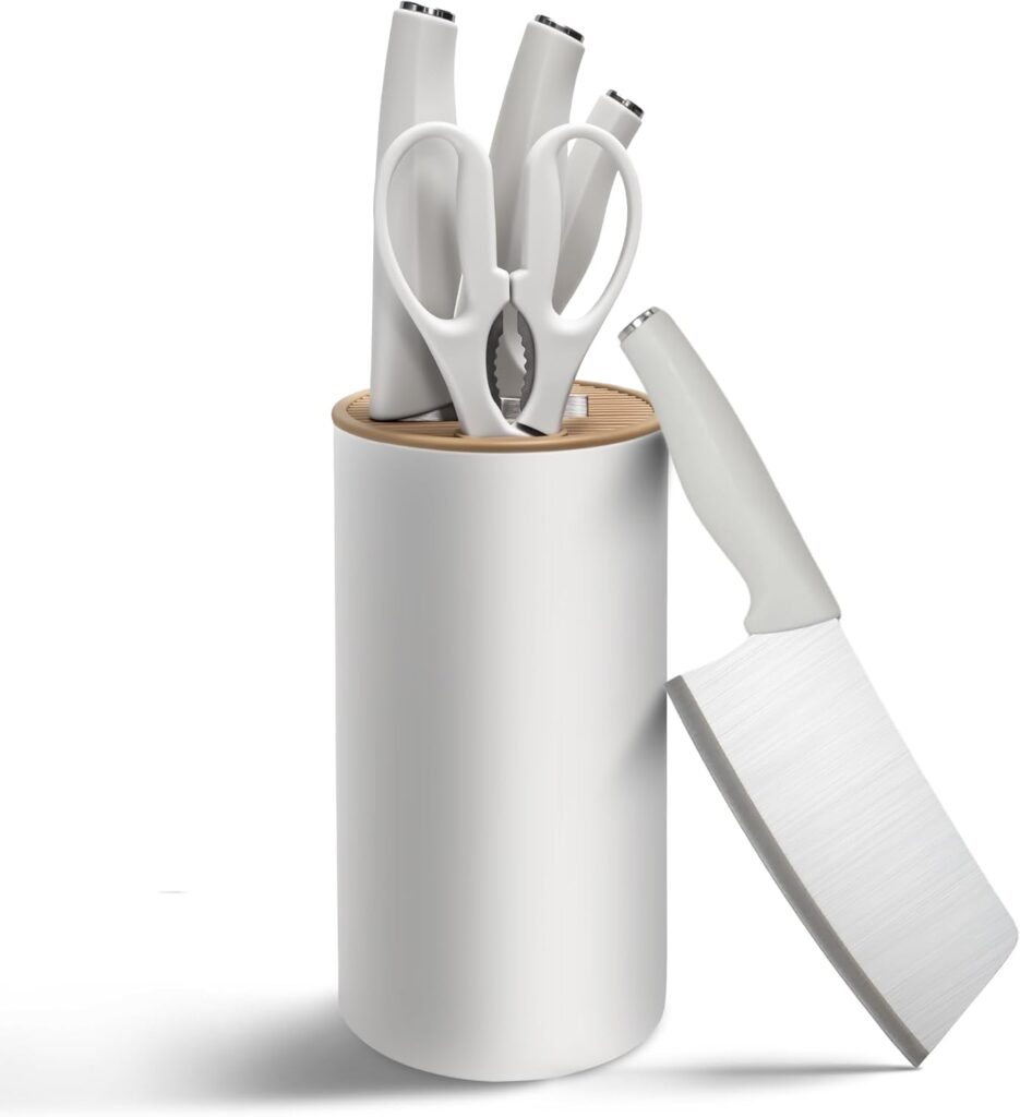 White Kitchen Knife Set with Block, 5-Piece Stainless Steel Knives Set, Chef Knife, Paring Knife, Kitchen Scissors, Plastic Universal Knife Holder for Home, Apartment, New Kitchen Essentials