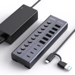 FIDECO 60W Powered USB Hub for Laptop and PC, 10-Port 10Gbps USB Splitter with 12V 5A Power Adapter, Aluminum USB 3.2 Gen 2 Multiport Adapter, 6 USB-A and 4 USB-C Ports, Support BC1.2 Charging