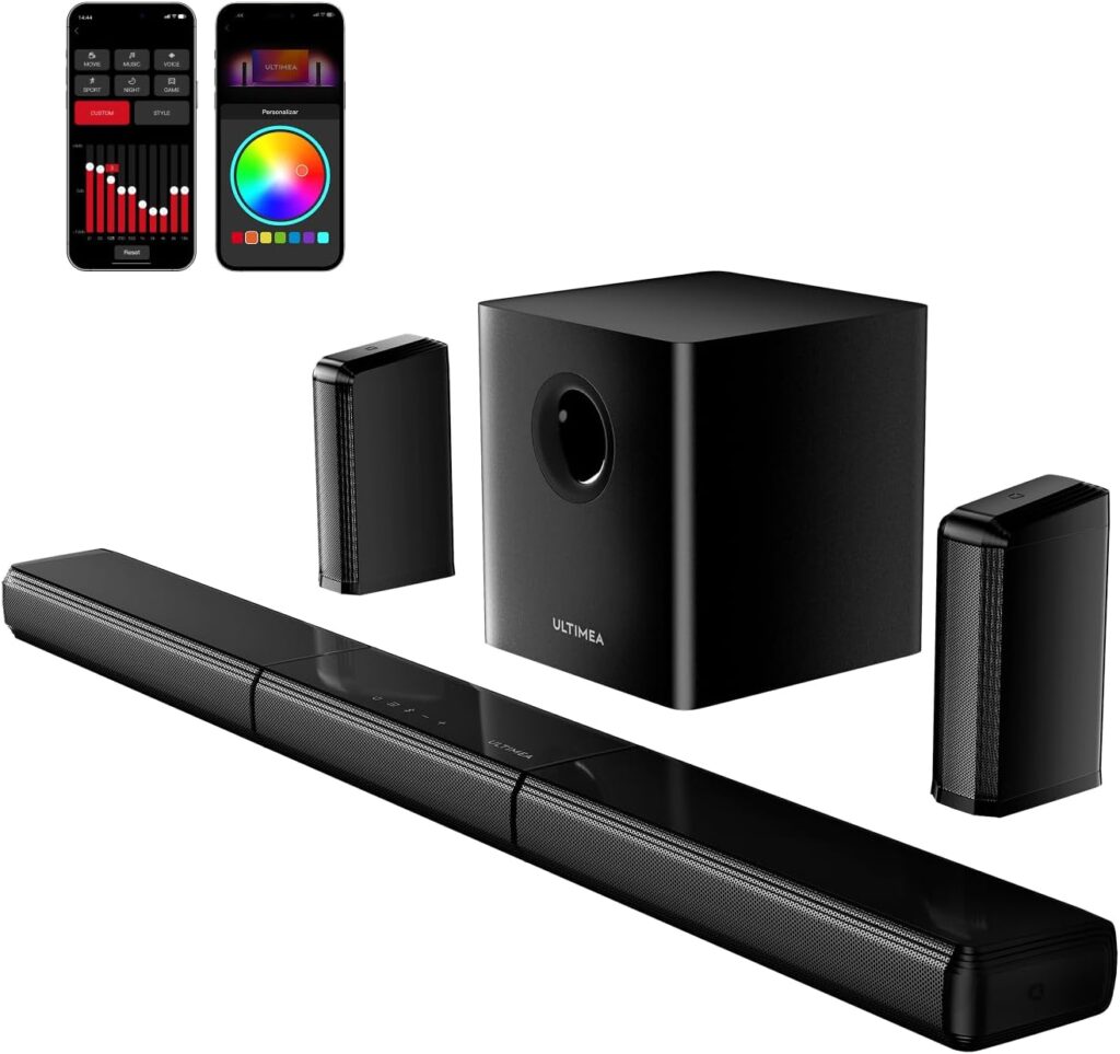 ULTIMEA 7.1ch Virtual Surround Sound Bar, Sound Bar for Smart TV with 2 Surround Speakers, Surround Sound System for TV with RGB, 6.5″ Subwoofer, Peak Power 410W, App, HDMI/OPT/AUX/BT Apollo S70 Ultra