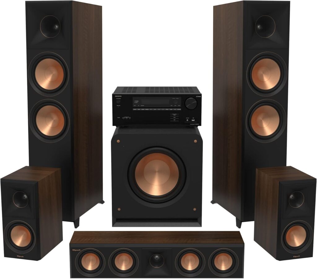 Klipsch Reference Premiere RP-8000F II 5.1 Home Theater System with 8” Cerametallic Woofers in Ebony with Onkyo TX-NR6100 7.2 Channel THX Certified Network AV Receiver